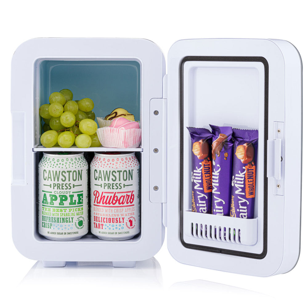 Subcold Ultra 6 litre white mini drinks fridge with snacks and drinks inside