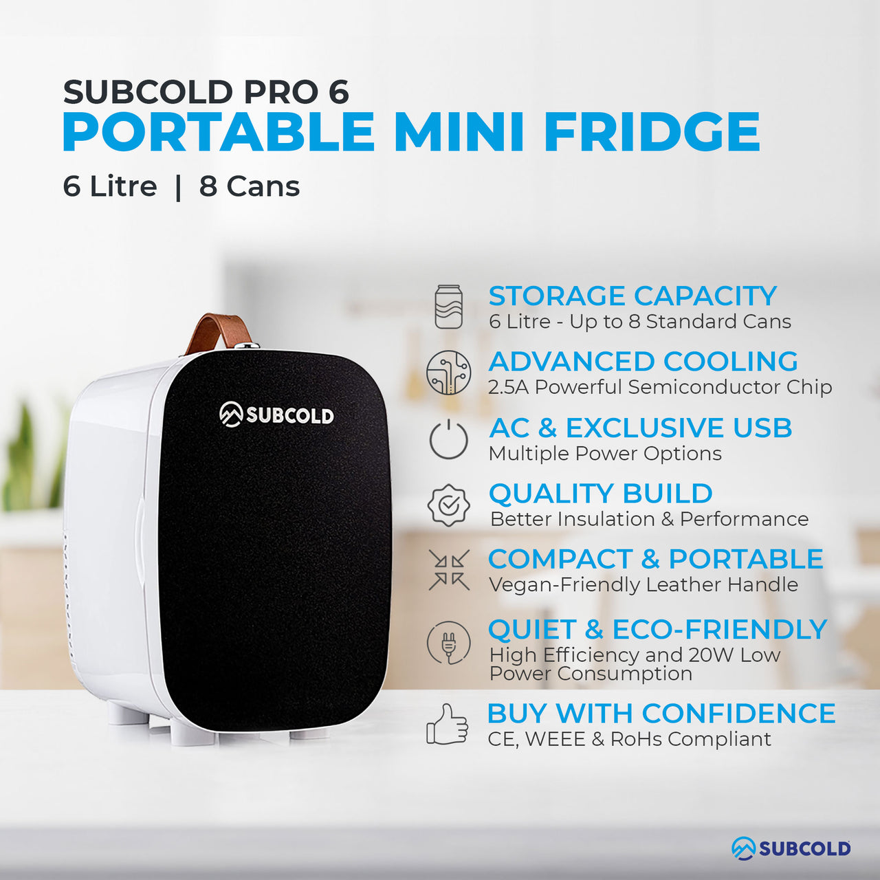Subcold Pro 6 litre black mini fridge features infographic