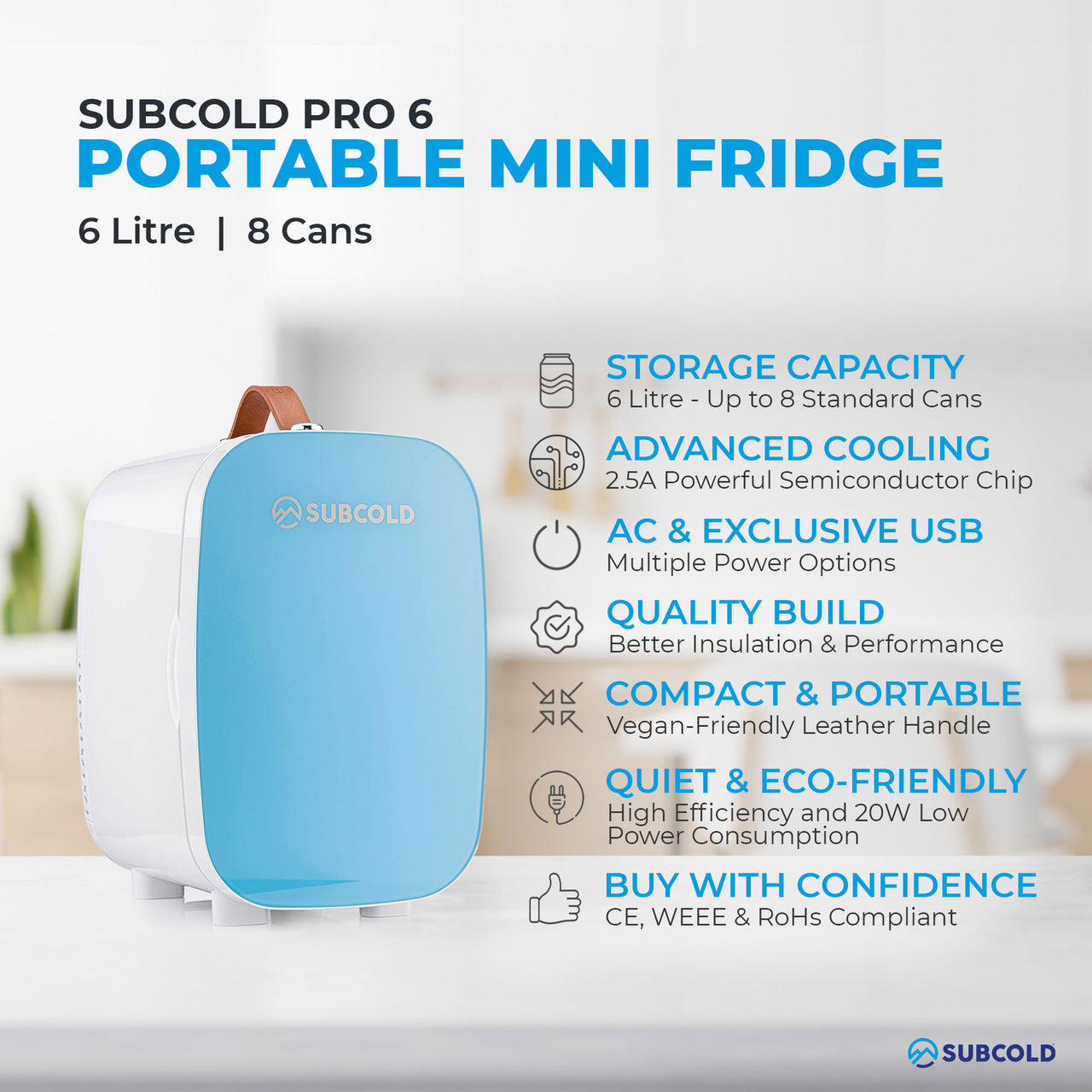 Subcold Pro 6 litre blue mini fridge features infographic