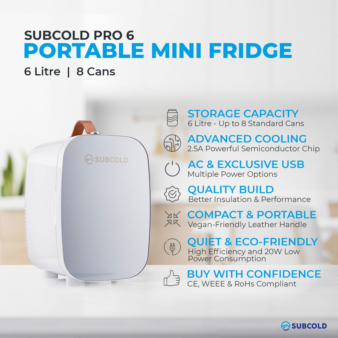 Subcold Pro 6 litre grey mini fridge features infographic