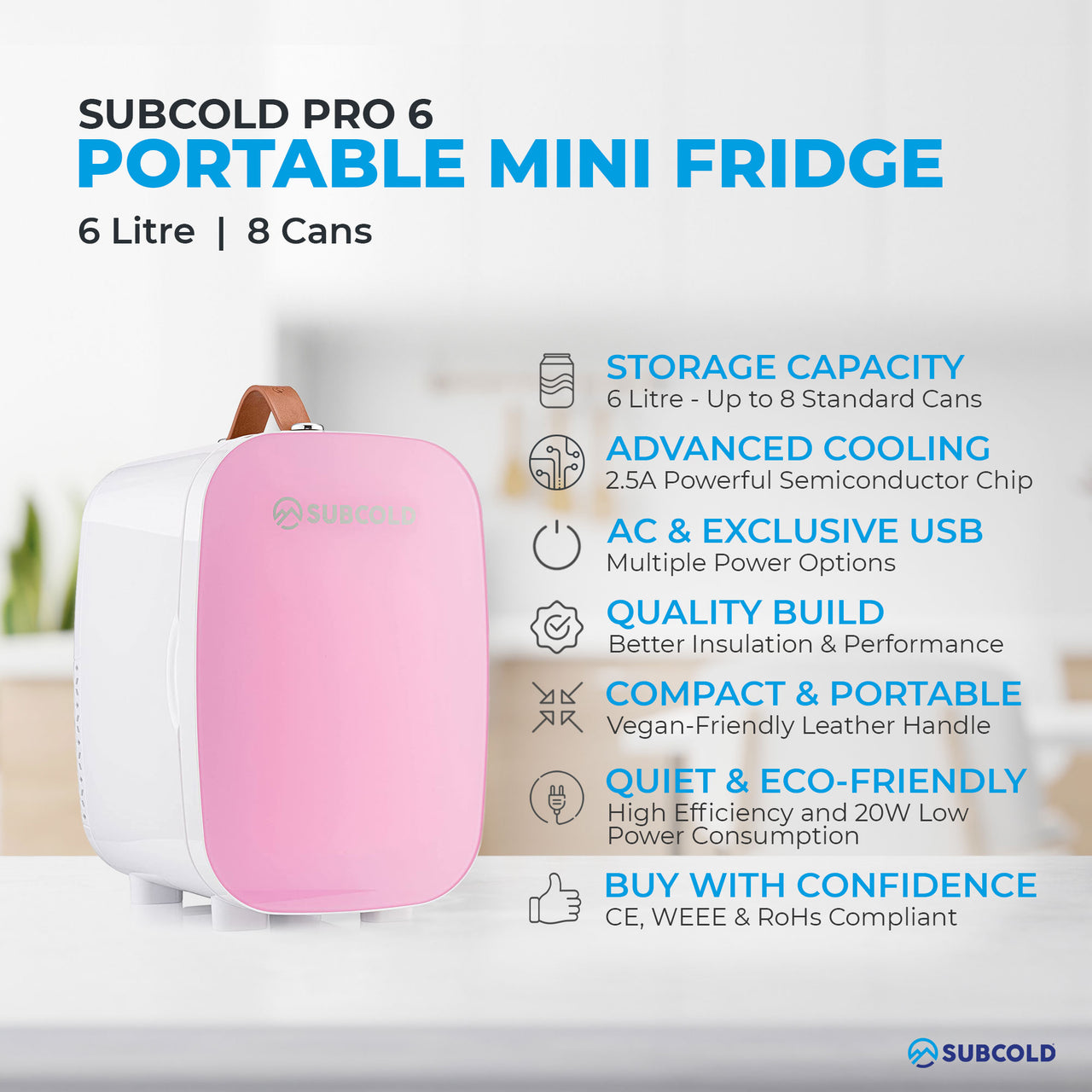 Subcold Pro 6 litre pink mini fridge features infographic