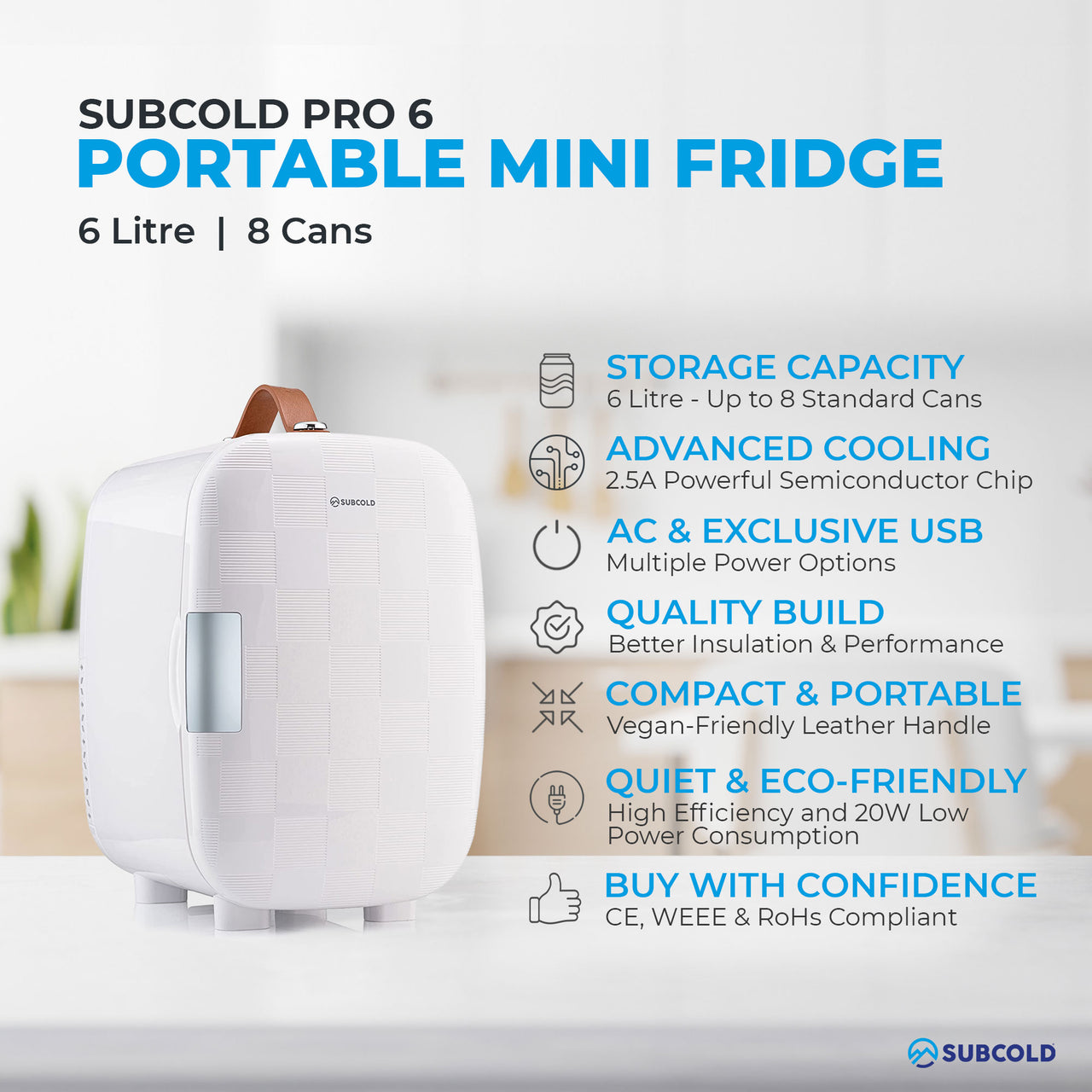 Subcold Pro 6 litre white chequered mini fridge features infographic