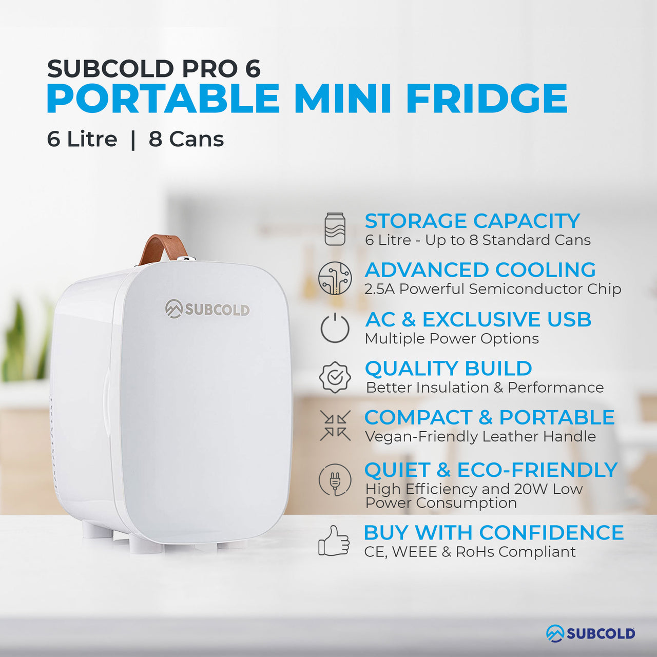Subcold Pro 6 litre white mini fridge features infographic