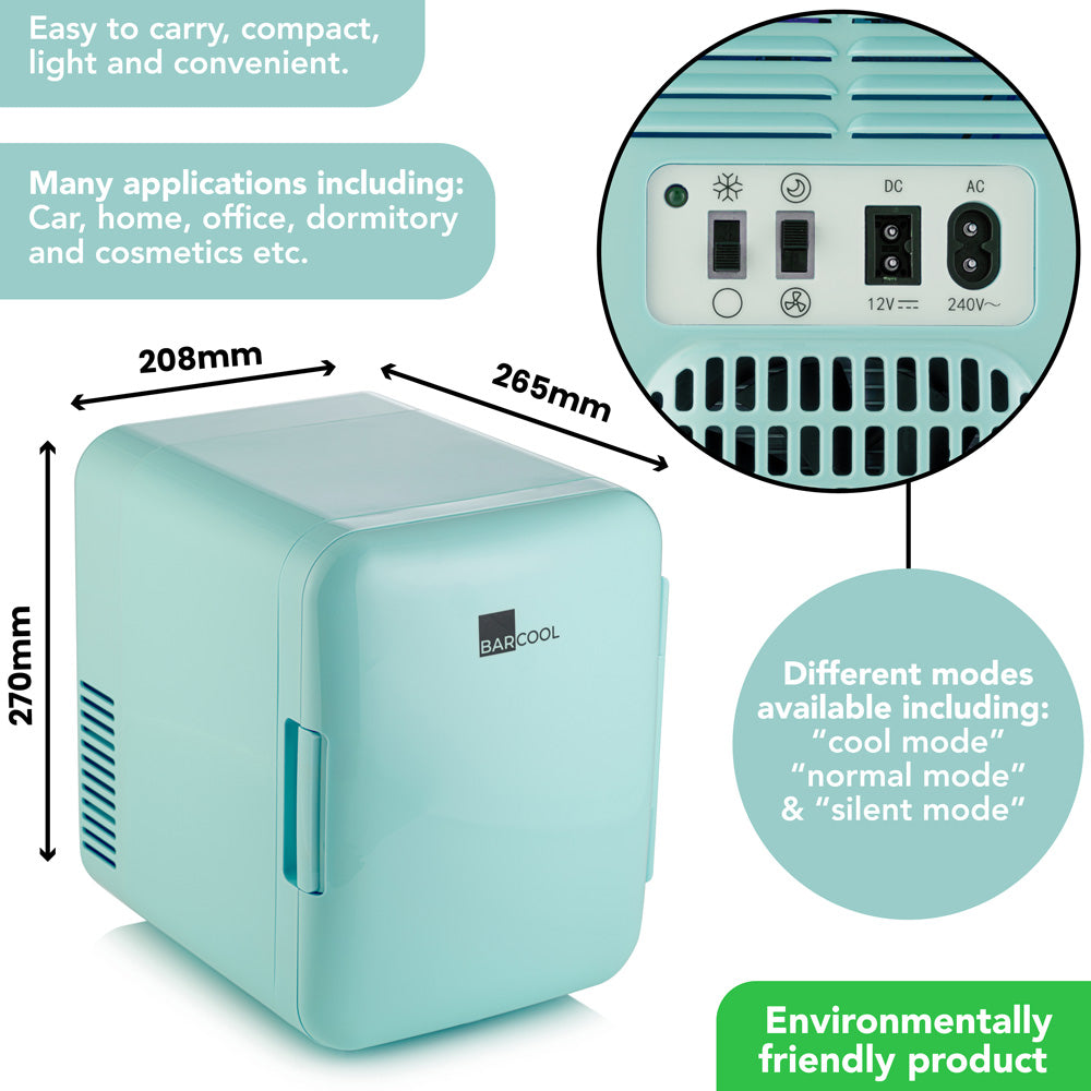Barcool Cosmo 4 litre mint mini fridge dimensions infographic