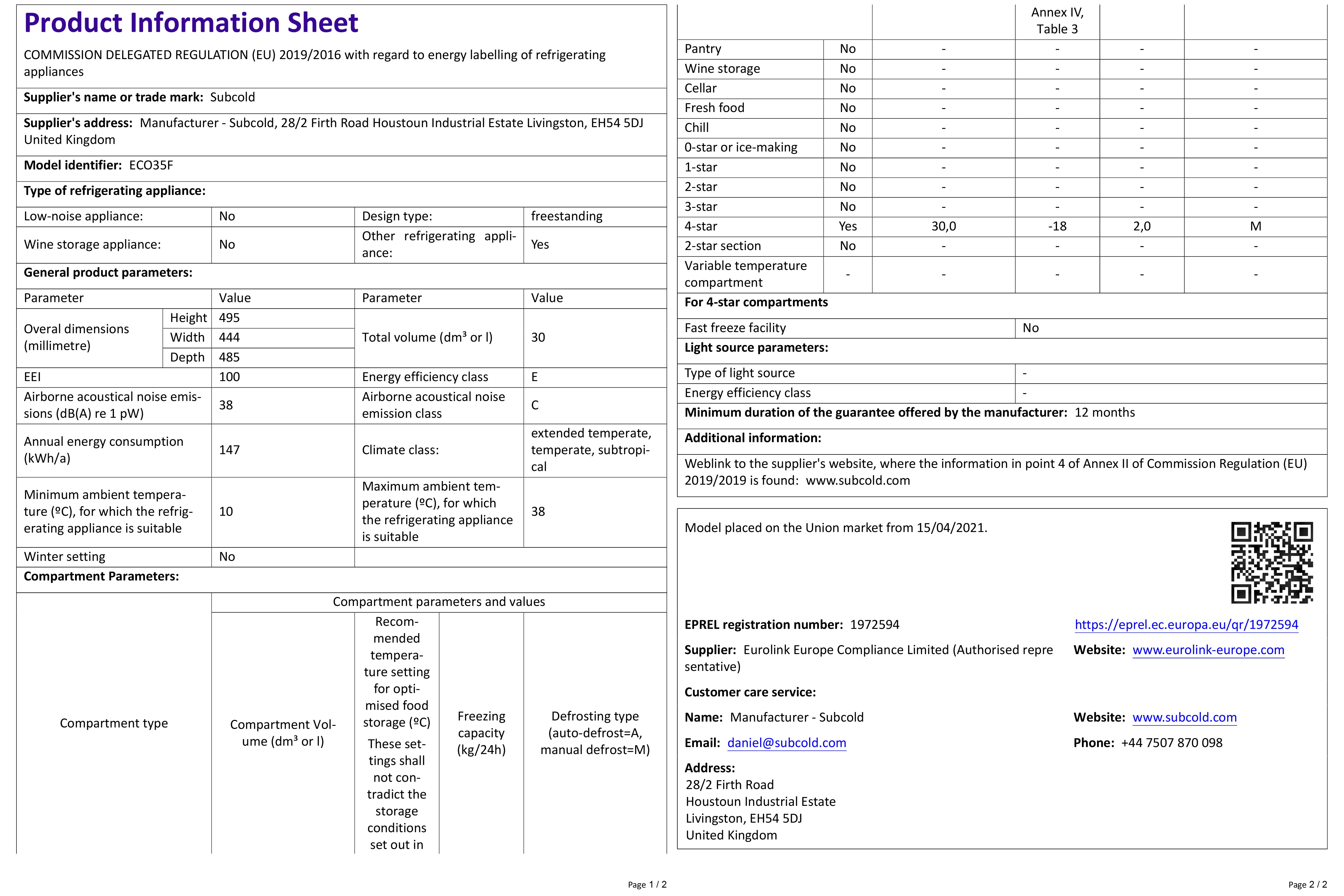 Subcold Eco35F Mini Freezer - White | Refurbished