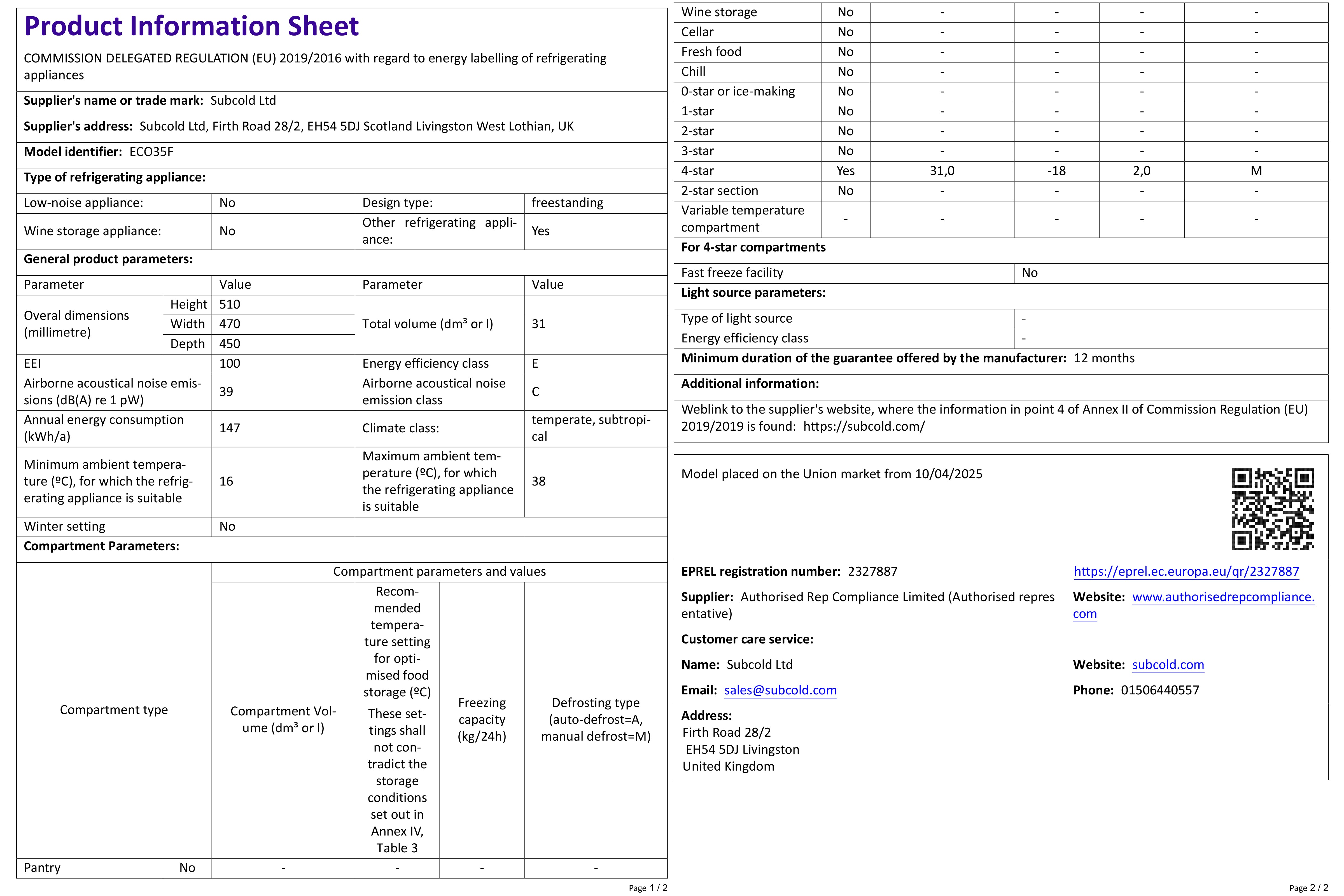 Subcold Eco35F Mini Freezer - White
