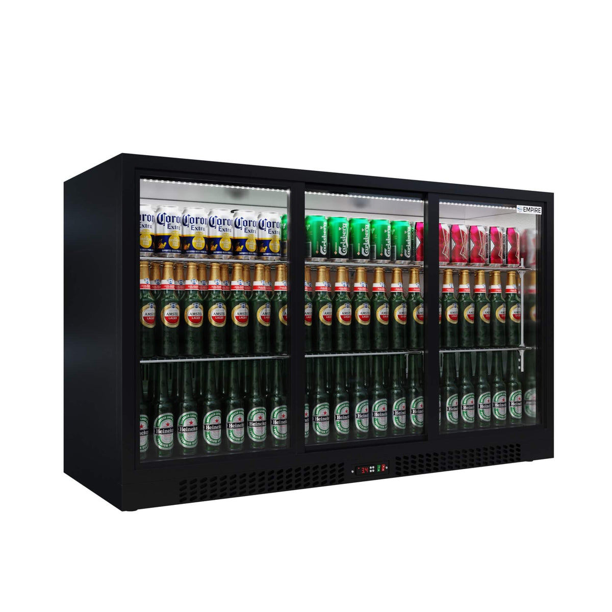 Empire Triple Door Bottle Cooler – B Energy Rated Low 835mm Height Sliding Door Commercial Back Bar Fridge | CL-320SC