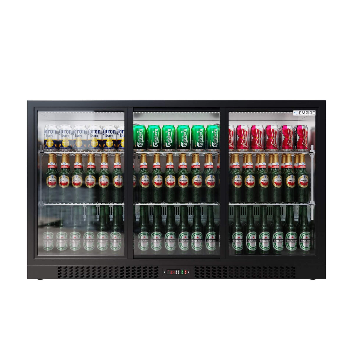 Empire Triple Door Bottle Cooler – B Energy Rated Low 835mm Height Sliding Door Commercial Back Bar Fridge | CL-320SC