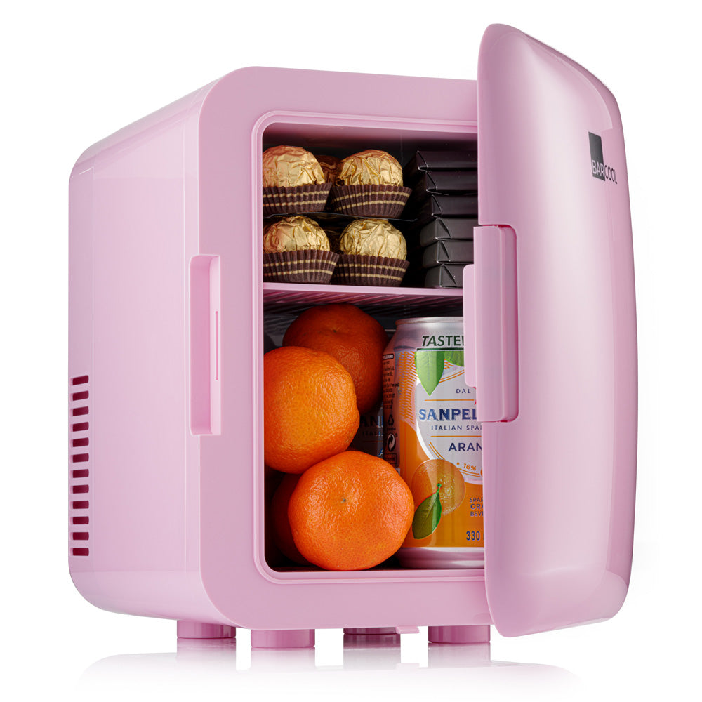 Barcool Cosmo pink 4 litre mini fridge with snacks and drinks inside