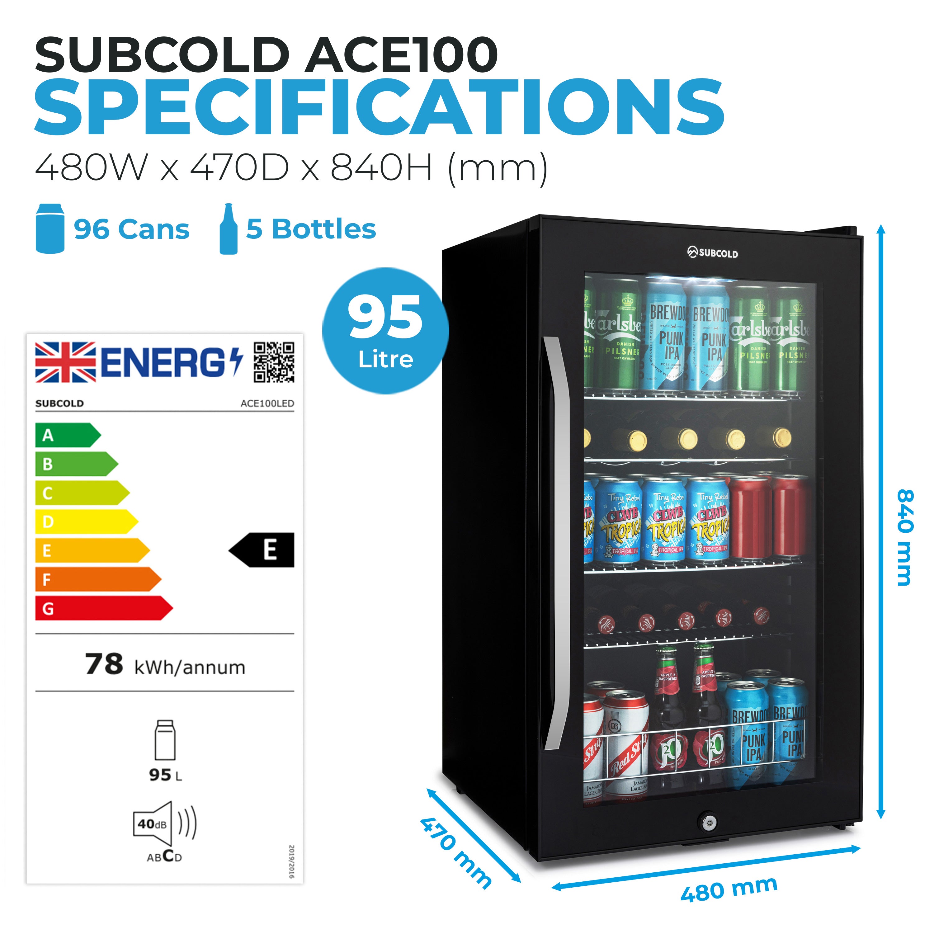 Subcold Ace 100 LED Touch Control Beer Fridge - Black | Refurbished