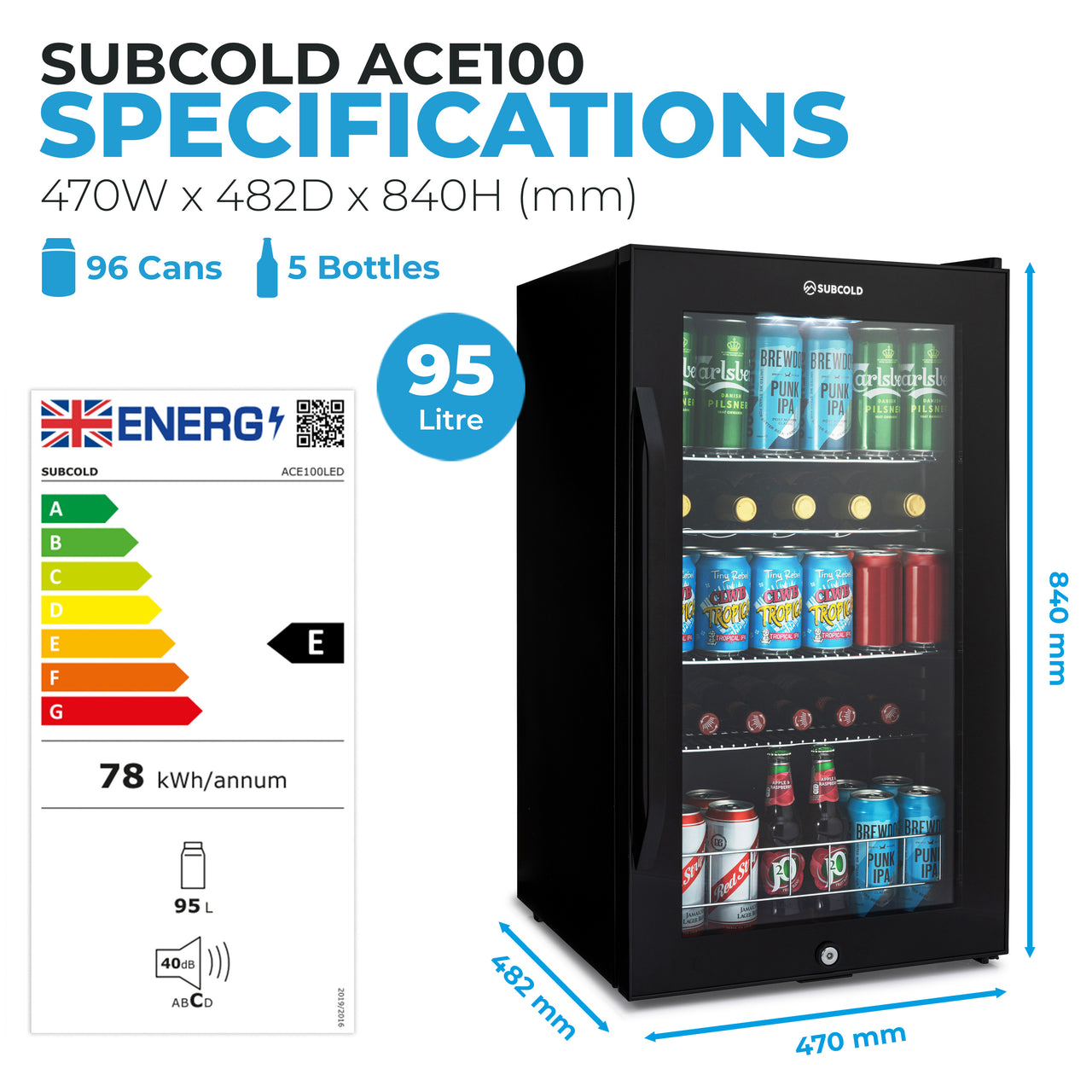 Subcold Ace 100 LED Touch Control Beer Fridge - Black