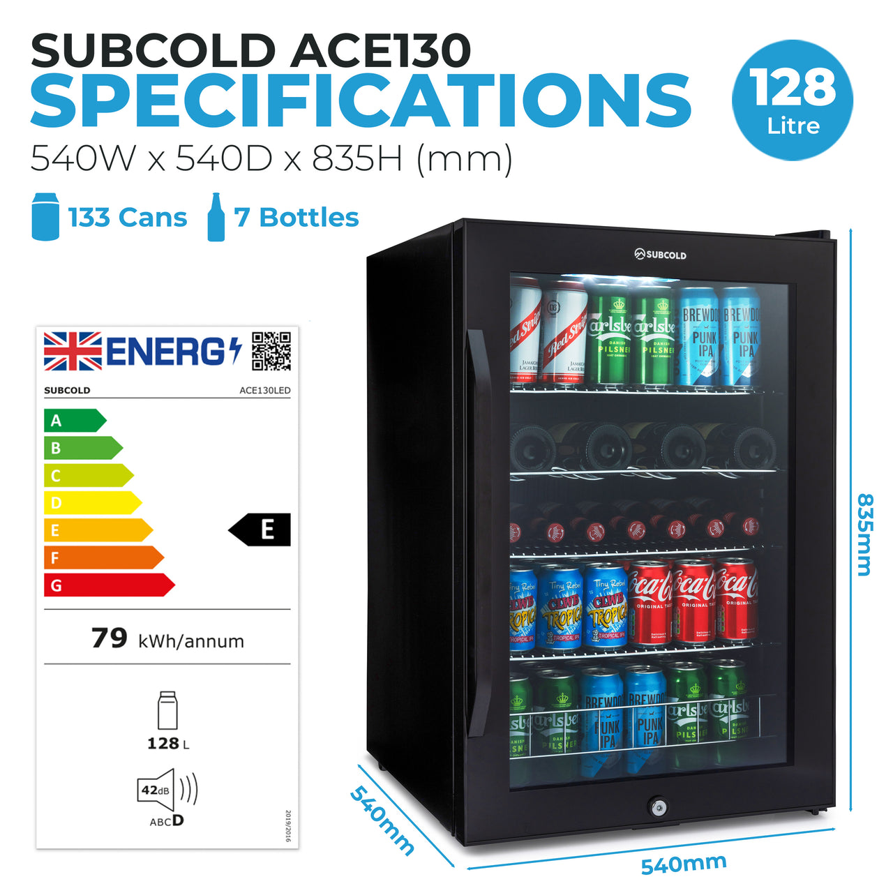 Subcold Ace 130 LED Touch Control Beer Fridge - Black