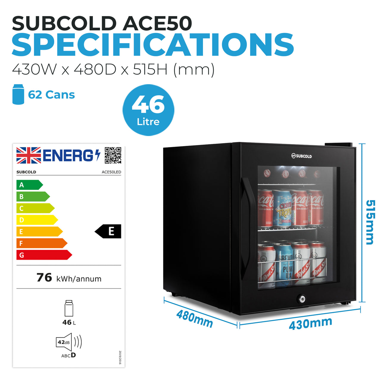 Subcold Ace 50 LED Touch Control Beer Fridge - Black