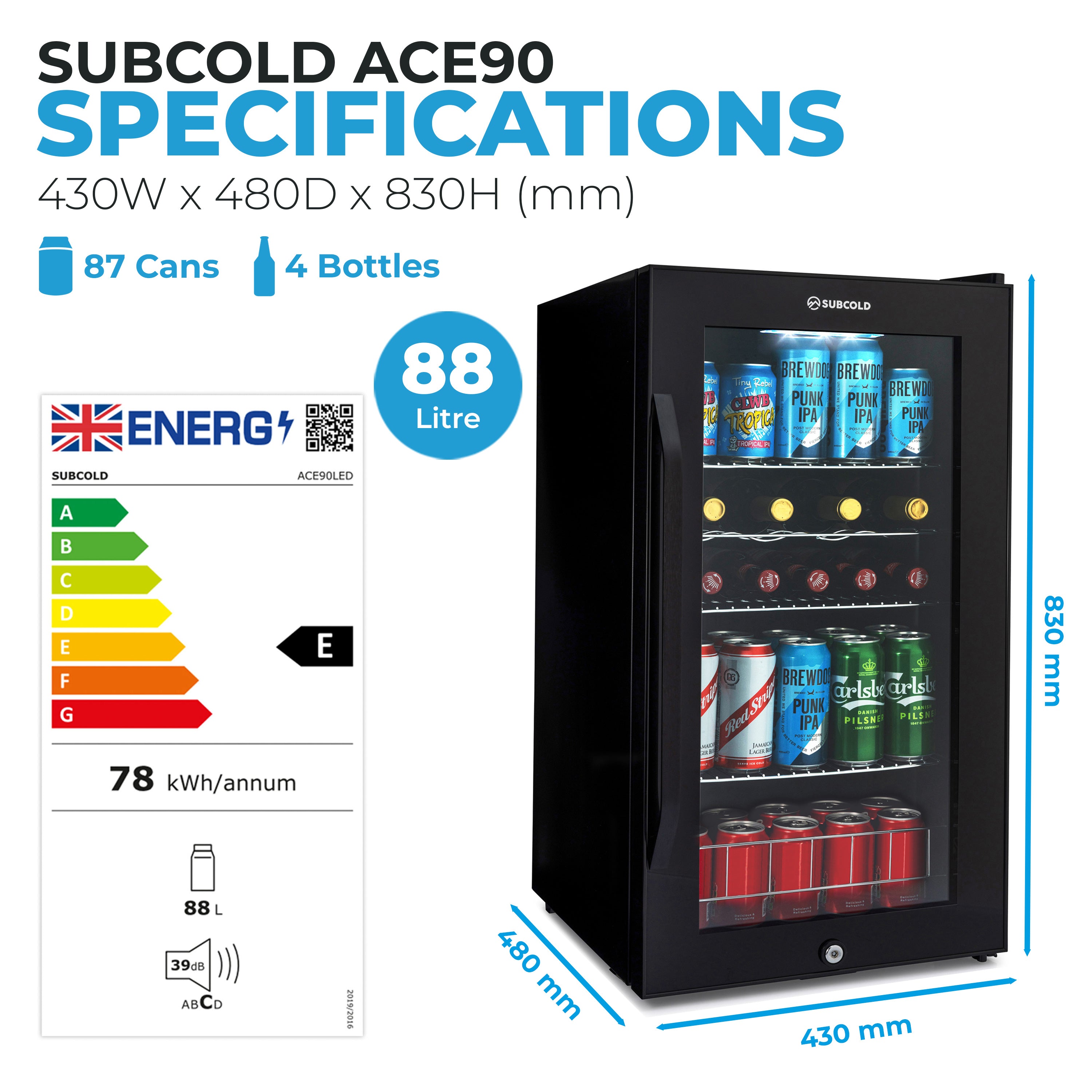 Subcold Ace 90 LED Touch Control Beer Fridge - Black | Refurbished