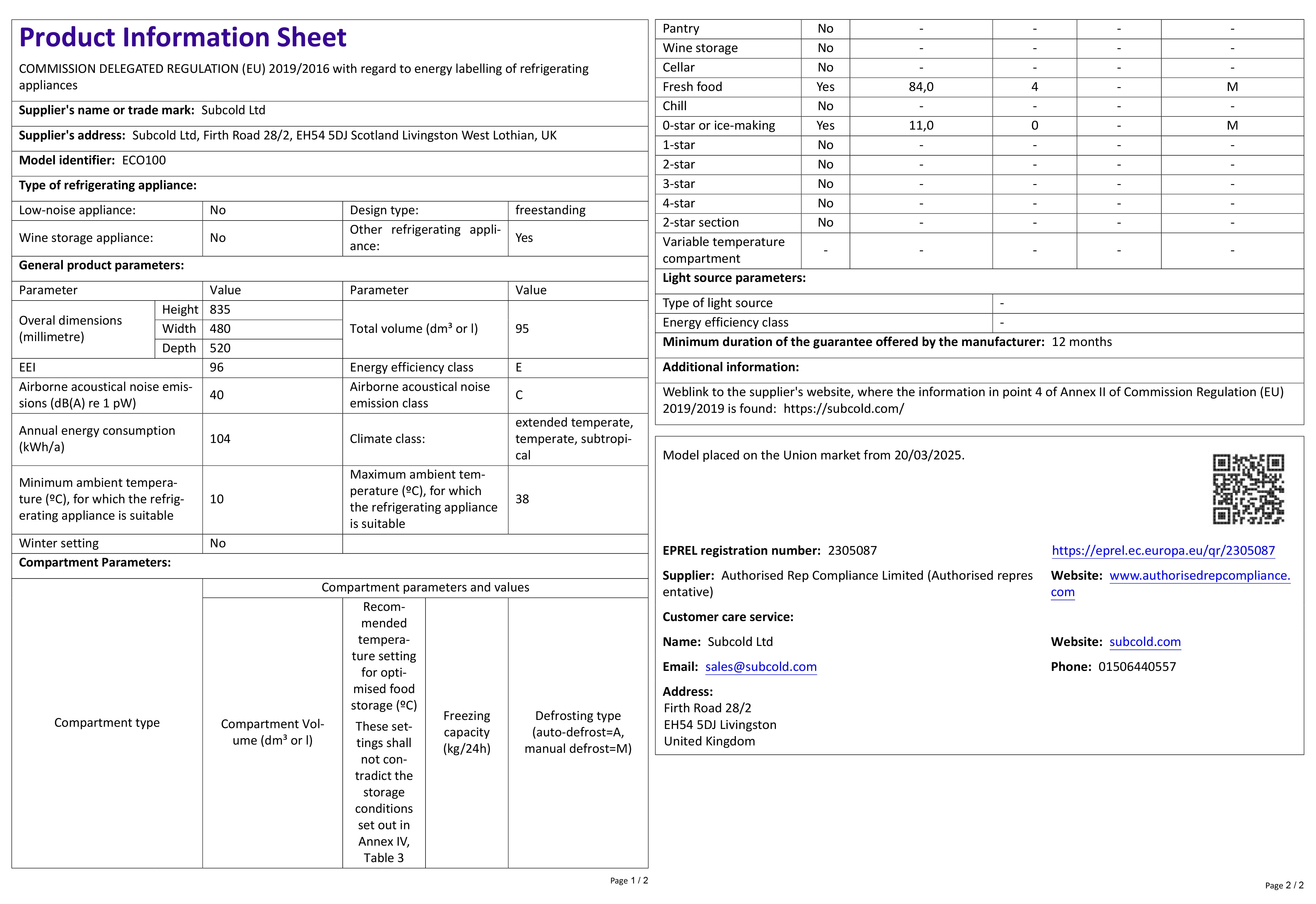 Subcold Eco100 LED Under Counter Fridge - White | Refurbished