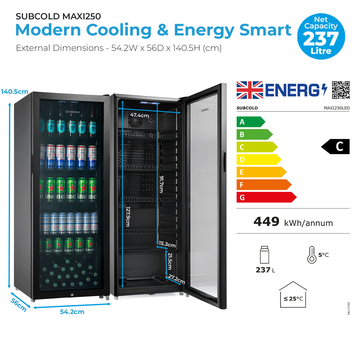 Subcold Maxi 250L Tall Drinks Fridge Black | Subcold