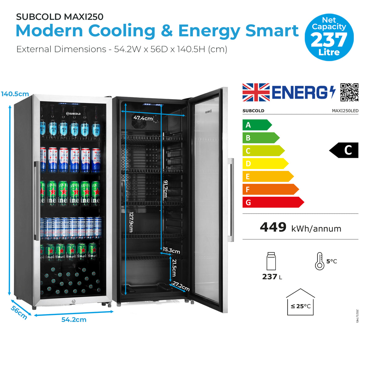 Subcold Maxi 250L Tall Drinks Fridge Stainless Steel | Subcold