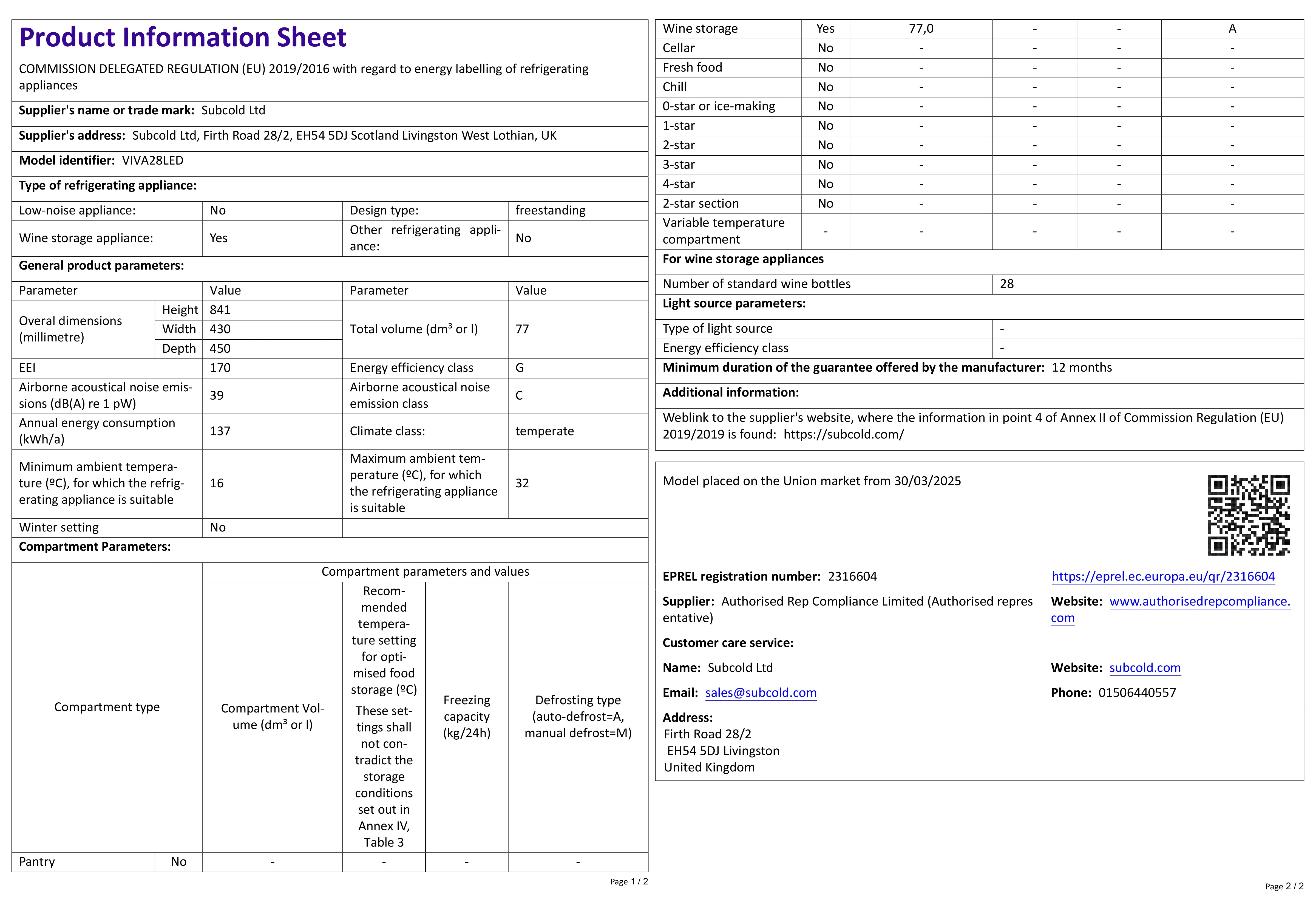 Subcold Viva28 LED - Wine Cooler