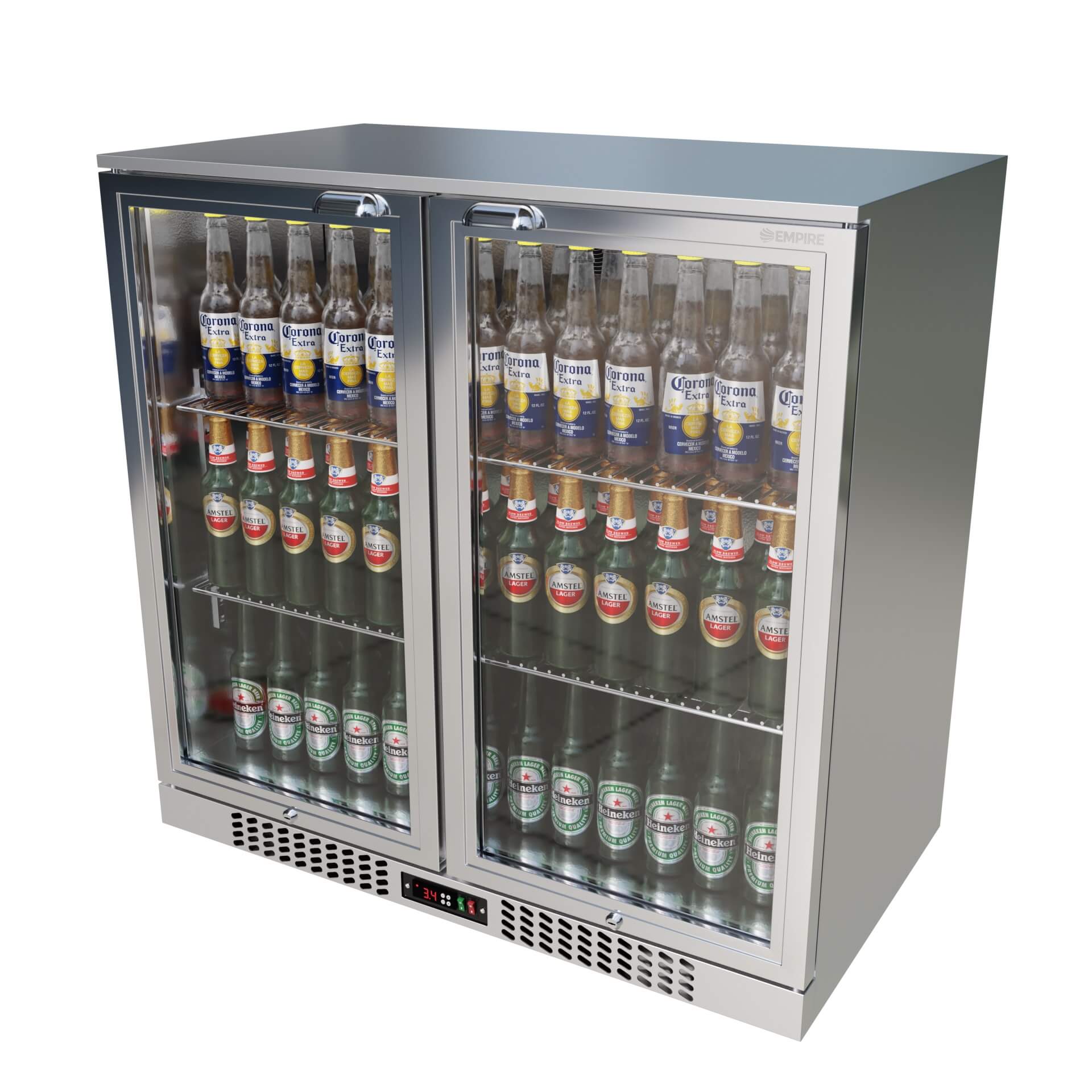 Empire Double Door 208L Stainless Steel Bottle Cooler – A Energy Rated Hinged Door Commercial Back Bar Fridge | CL-210H-S