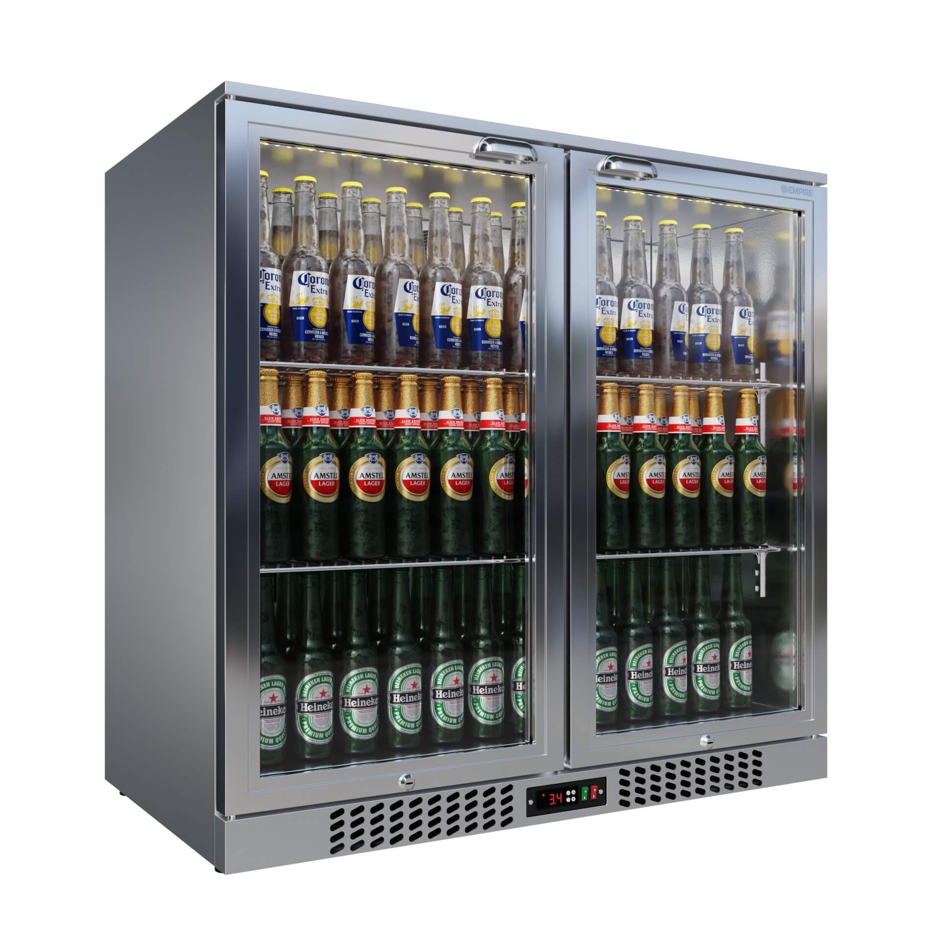 Empire Double Door 208L Stainless Steel Bottle Cooler – A Energy Rated Hinged Door Commercial Back Bar Fridge | CL-210H-S