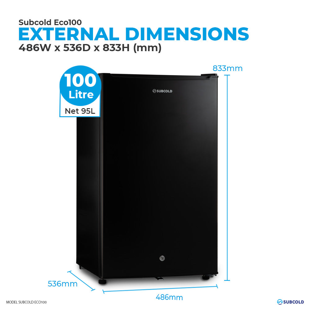 Subcold Eco 100 litre undercounter black mini fridge external dimensions and storage capacity