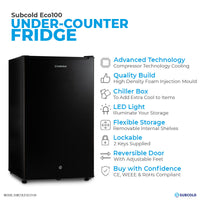 Thumbnail for Subcold Eco 100 litre black under counter fridge features infographic