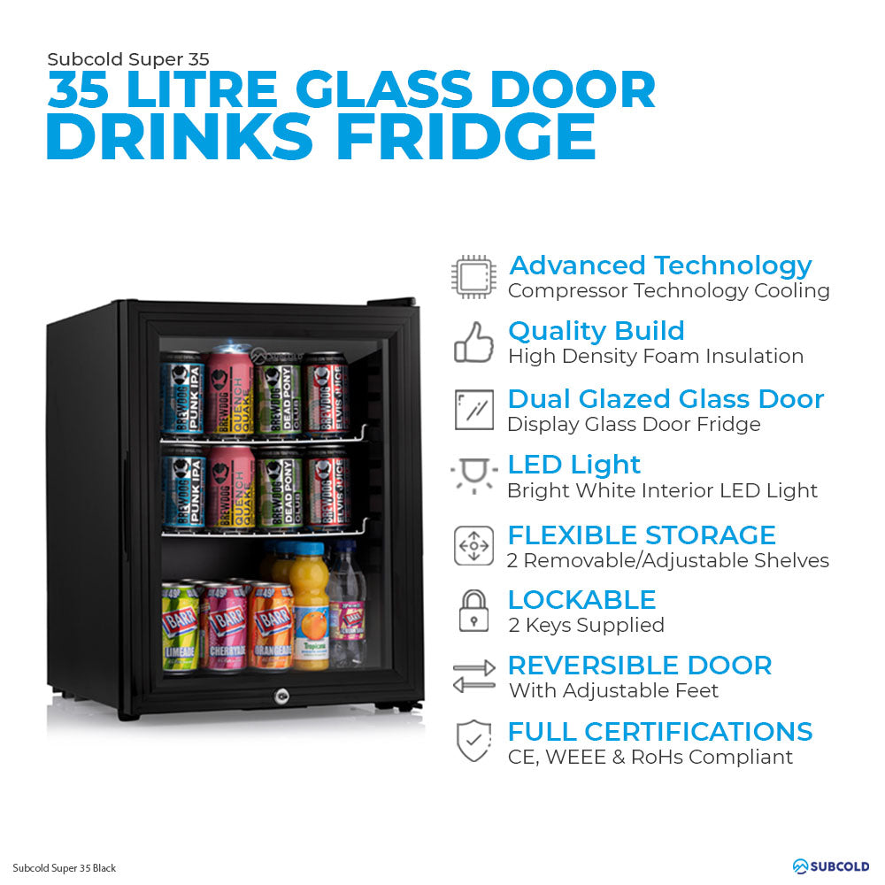 Subcold Super 35 litre table top black beer mini fridge features infographic