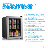 Thumbnail for Subcold Super 35 litre table top silver beer mini fridge features infographic