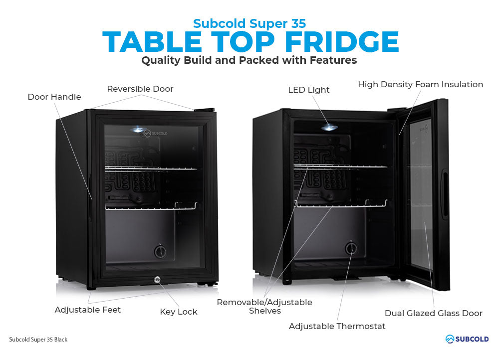 Subcold Super 35 litre table top black beer mini fridge build features infographic
