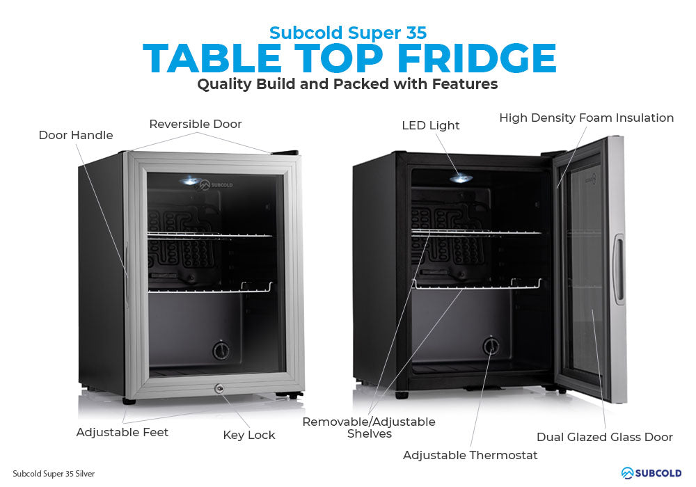 Subcold Super 35 litre table top silver beer mini fridge build features infographic