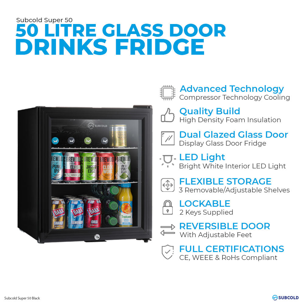 Subcold Super 50 litre table top black beer mini fridge features infographic