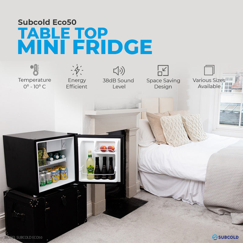 Subcold Eco 50 litre table top black mini fridge features infographic