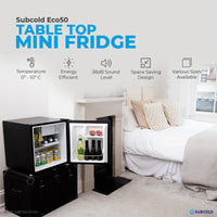 Thumbnail for Subcold Eco 50 litre table top black mini fridge features infographic
