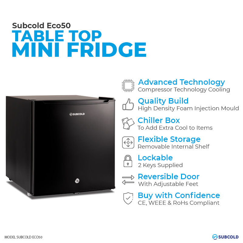 Subcold Eco 50 litre table top black mini fridge features infographic
