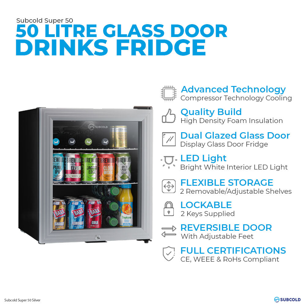 Subcold Super 50 litre table top silver beer mini fridge features infographic