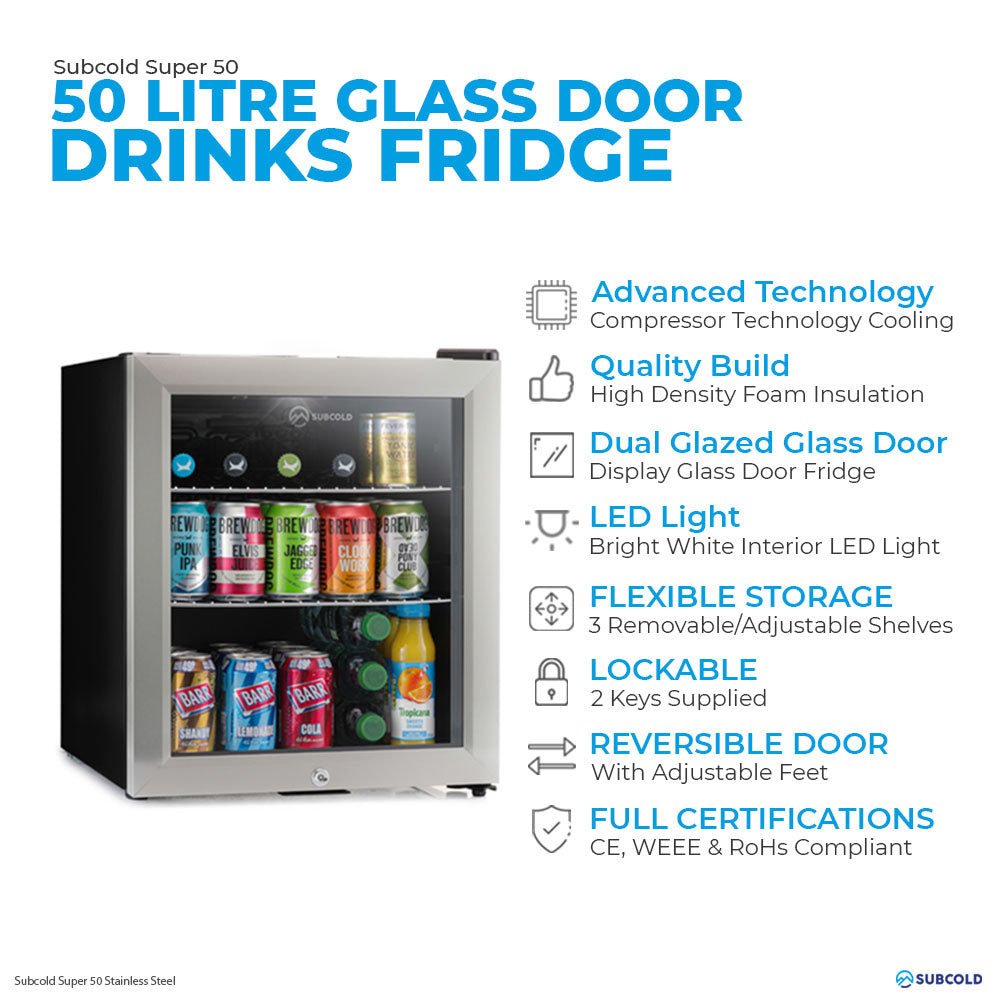 Subcold Super 50 litre table top stainless steel beer mini fridge features infographic