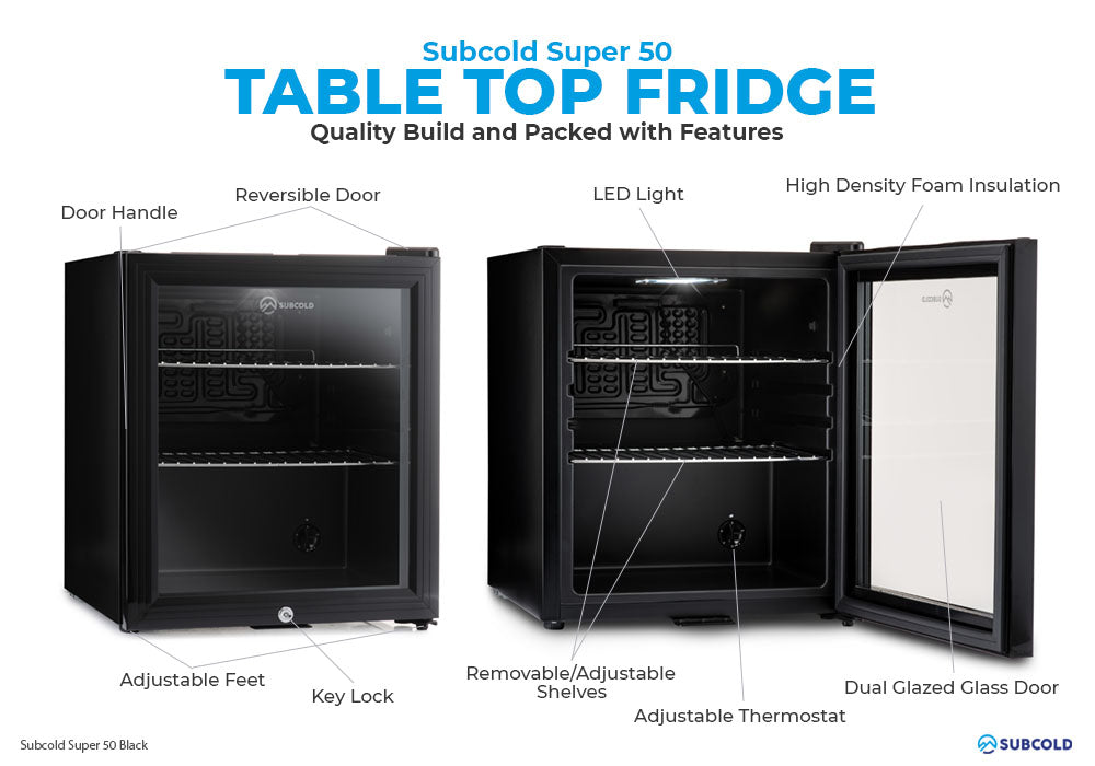 Subcold Super 50 litre table top black beer mini fridge build features infographic