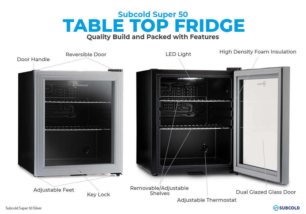 Subcold Super 50 litre table top silver beer mini fridge build features infographic