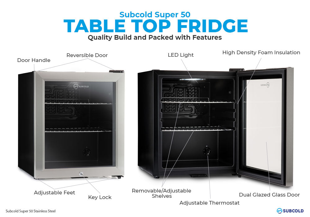 Subcold Super 50 litre table top stainless steel beer mini fridge build features infographic