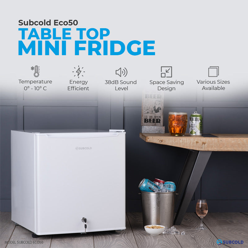 Subcold Eco 50 litre table top white mini fridge features infographic lifestyle