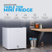 Thumbnail for Subcold Eco 50 litre table top white mini fridge features infographic lifestyle