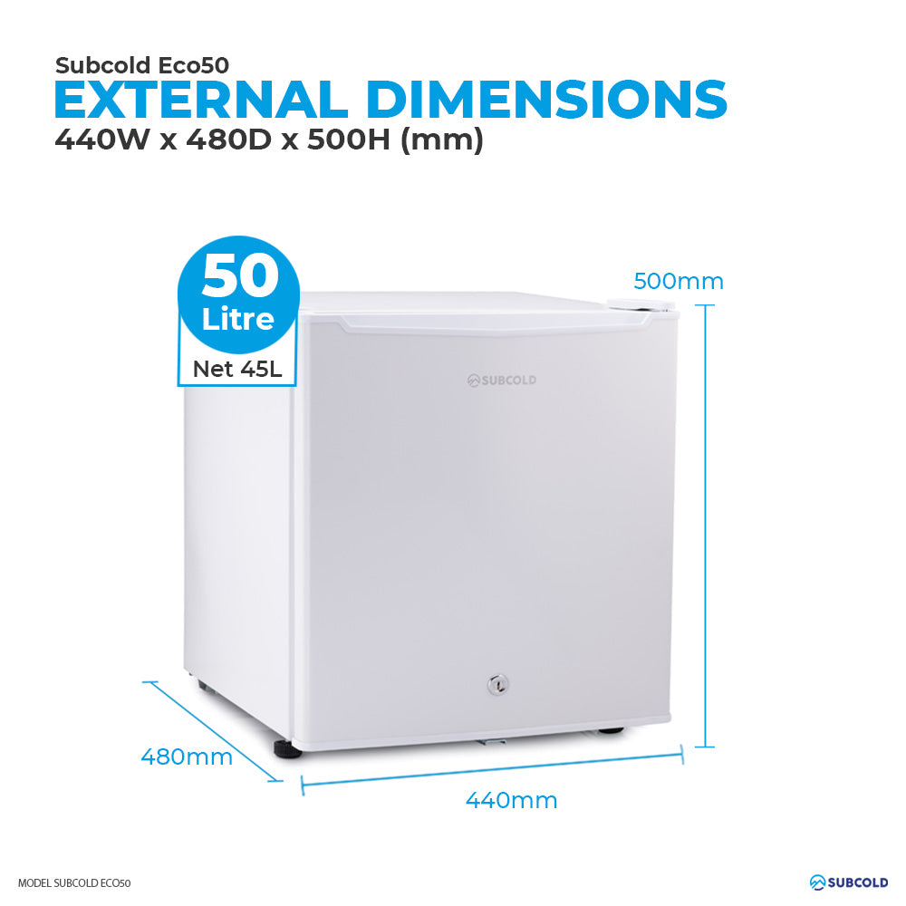 Subcold Eco 50 litre table top white mini fridge external dimensions and storage capacity