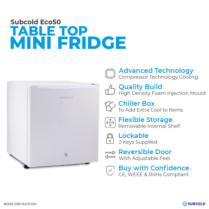 Subcold Eco 50 litre table top white mini fridge features infographic