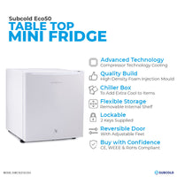 Thumbnail for Subcold Eco 50 litre table top white mini fridge features infographic