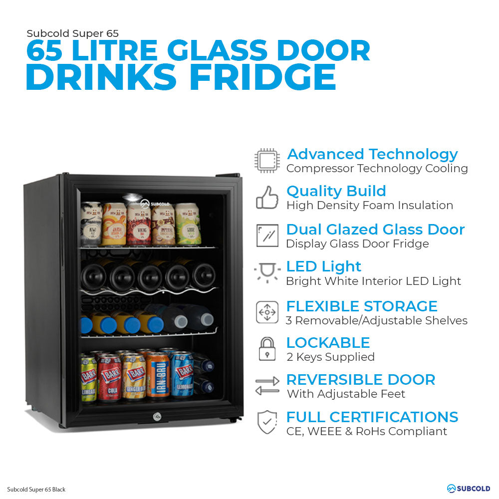 Subcold Super 65 litre table top black beer mini fridge features infographic