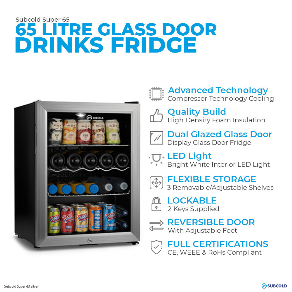 Subcold Super 65 litre table top silver beer mini fridge features infographic