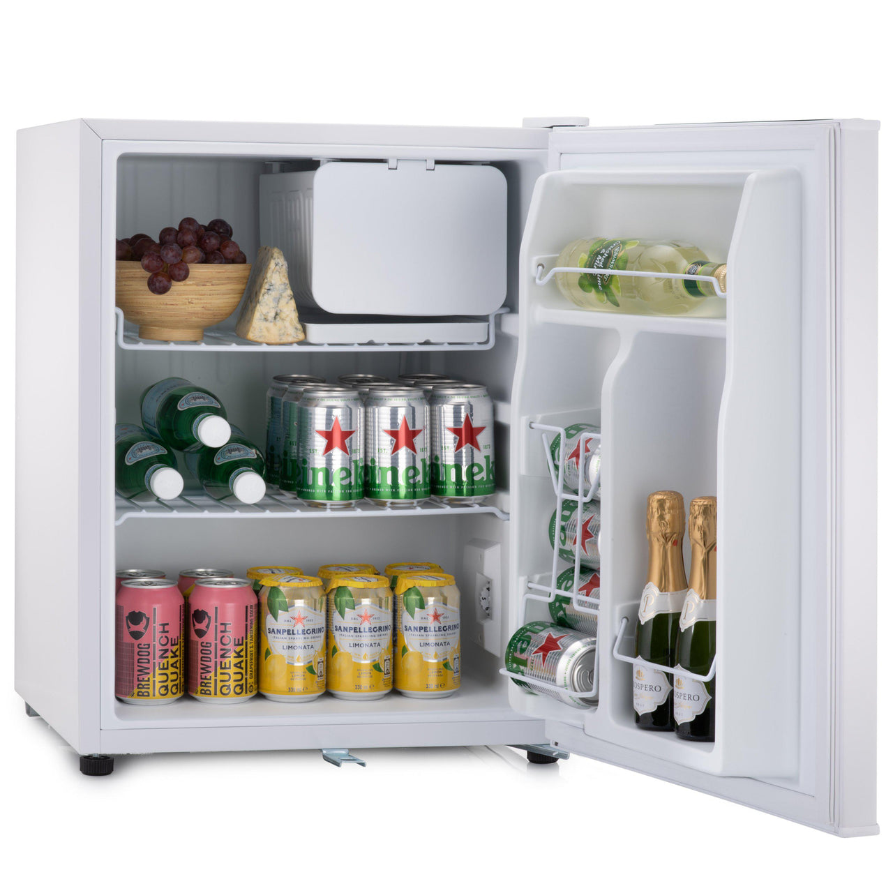 Subcold Eco 75 litre table top fridge white with snacks and drinks inside