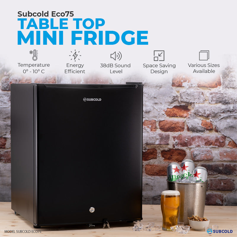 Subcold Eco 75 litre table top black mini fridge features infographic lifestyle