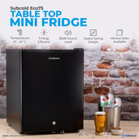 Thumbnail for Subcold Eco 75 litre table top black mini fridge features infographic lifestyle