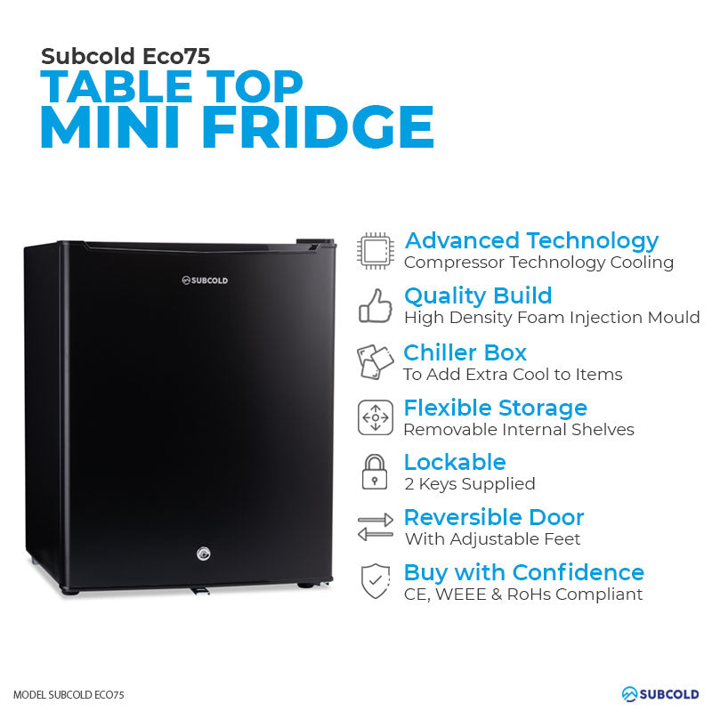 Subcold Eco 75 litre table top black mini fridge features infographic